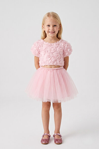 Le Mabelle Dried Rose Detailed Cropped Tulle Skirt Girls' Two-Piece Set - Sab...