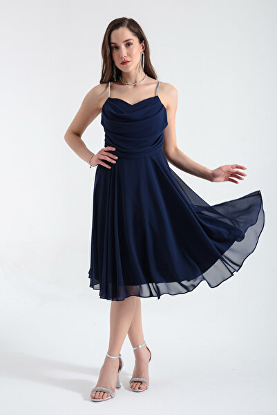 Lafaba Marineblaues Midi-Abendkleid mit Steinträgern für Damen