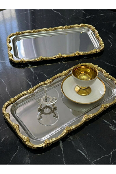 SEVA ÇELİK 2 Pcs Steel Large Rectangular Gold Frame Service Tray 17*33 cm