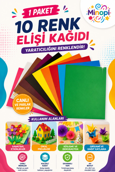 Minopi 1 Paket Elişi Kağıdı 20x30 Paketi 10'lu Hobi Tasarım Anaokulu Kreş Mal...