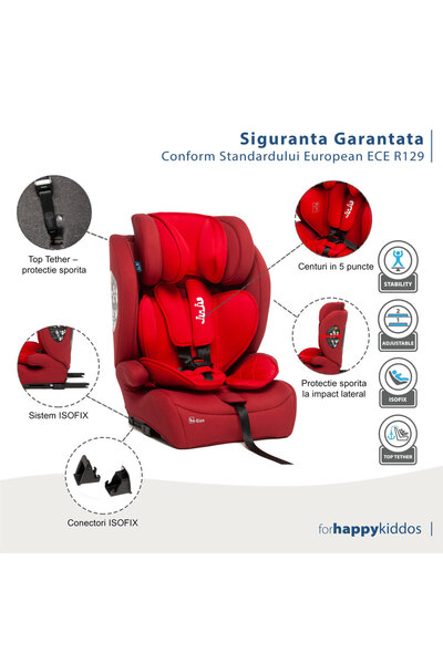 JUJU For happy kiddos Scaun Auto pentru bebelusi si copii Pro Rider i-Size, 76-150 cm, ISOFIX cu Top Tether, transformabil in inaltator auto, tetiera reglabila, husa detasabila si lavabila, Rosu