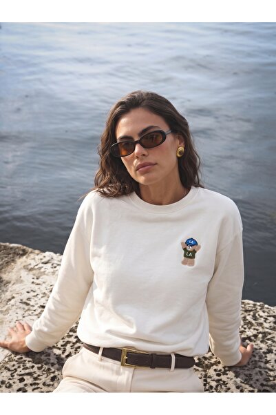ONLOOX Ecru Cotton Crew Neck Long Sleeve Embroidered Three-Thread Rib Detaile...
