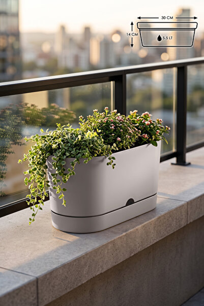 ToXA 5.5 Litre Bej Begonya Balkon Saksı Dekoratif Tabaklı Izgarasız Mat Plast...