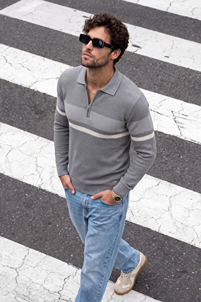 Çizgi Triko Men's Zippered Polo Neck Gray Sweater Knitwear Embossed Knit Patt...