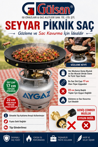 Genel Markalar Tüplü Sac 45 cm Tüp Üstü Katmer Kavurma Sacı Çift Fonksiyanel