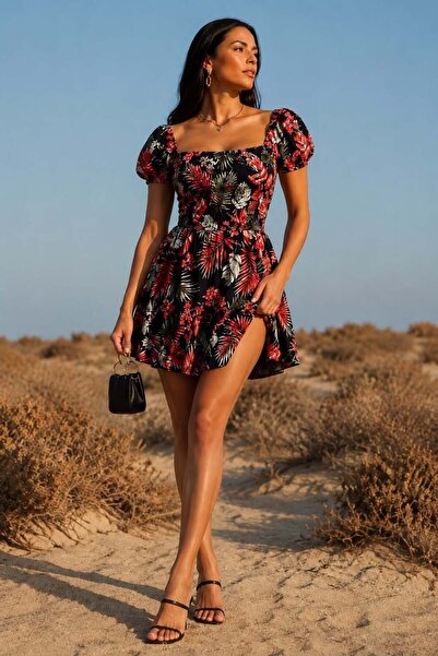 Modafeminen Desen3 Gipe Detailed Square Neck Checkered Mini Dress Dress 581728