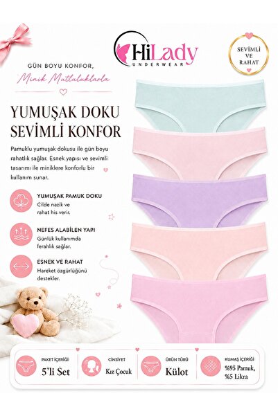 Hilady 5 Li Paket Kız Çocuk Pamuklu Soft Renk Çocuk Külot