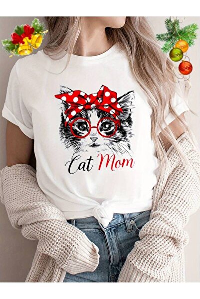 Pink Sky Дамска тениска с принт „Cat Mum“, голям размер