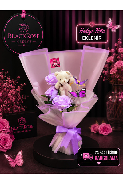blackrosehediye Kırmızı Gül Buketi Ayıcıklı Kelebekli Romantik Hediye Solmaya...