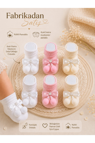 baby socks 6 Adet Ayak Mankenli 3 Renk Ponponlu Hatıra ve Hediyelik Kız Bebek...