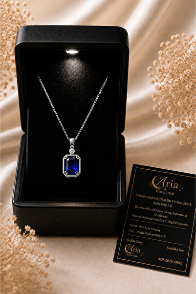 eva'sjewellery diamond Doğal Pırlantalı Safir Kolye - 925 Ayar Gümüş, 14 Ayar...