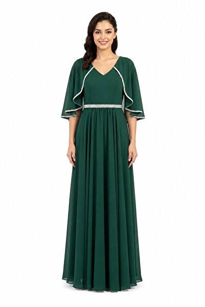 unbranded Women's Emerald Green Chiffon Maxi Evening Dress with Cape Sleeves ...