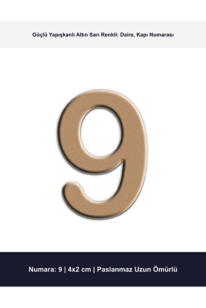 Demiraslan Ticaret 4x2 cm Altın Sarı Renk Metal Kapı Numarası No 9 - Yapışkan...