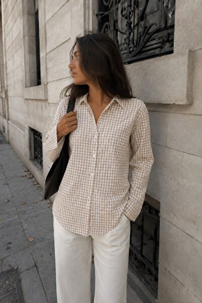 Madmext قميص نسائي بيج Gingham بأكمام طويلة Mg2386