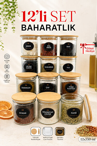 Karçiçeği Home 111 Pieces of 300 ml 12-Piece Spice Set with Labels, Vacuum Li...
