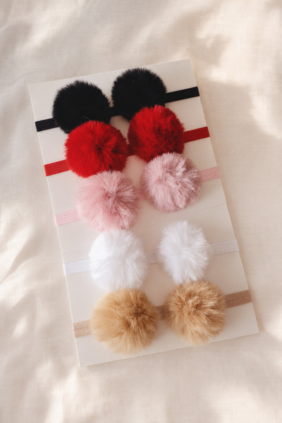 ESES BEBE 5-Piece Plush Pom-Pom Baby & Kids Headband Set – Soft, Flexible, Co...