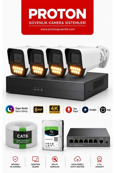 Proton 4K 4 Kameralı Mikrofonlu POE IP Kamera Seti