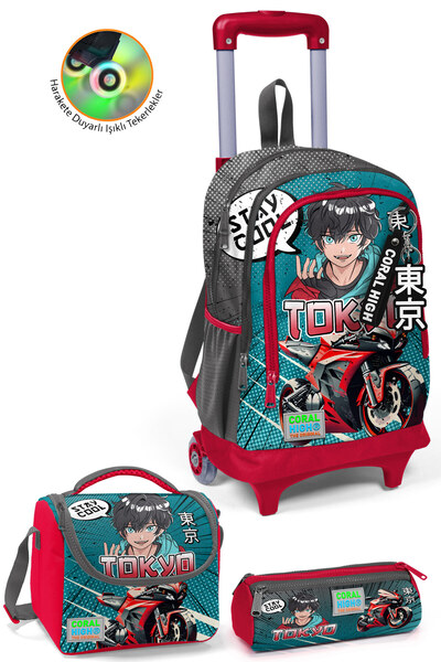 Coral High Gri Nefti Anime Motorsiklet Üçlü Çekçek Işıklı Tekerlekli Çanta Se...