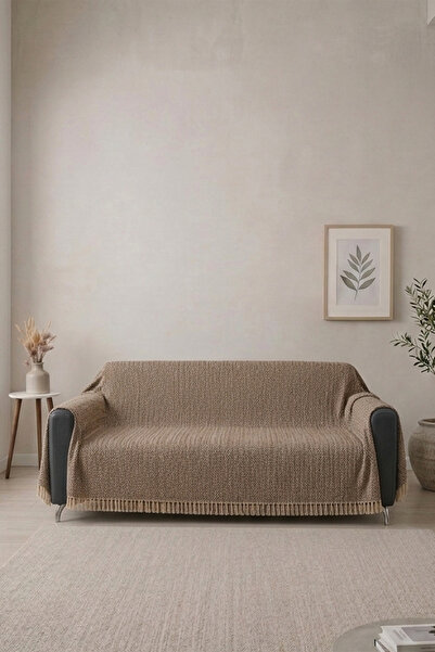 Loyal Home غطاء أريكة قطني، شال أريكة مزين بالشرّابات - بني 170x210 سم