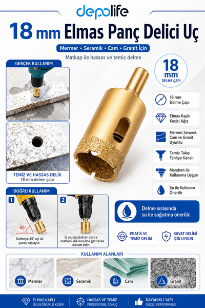 Depolife Mermer Seramik Cam Granit Delmek için 18mm Panç Delici Elmas uçlu Bu...