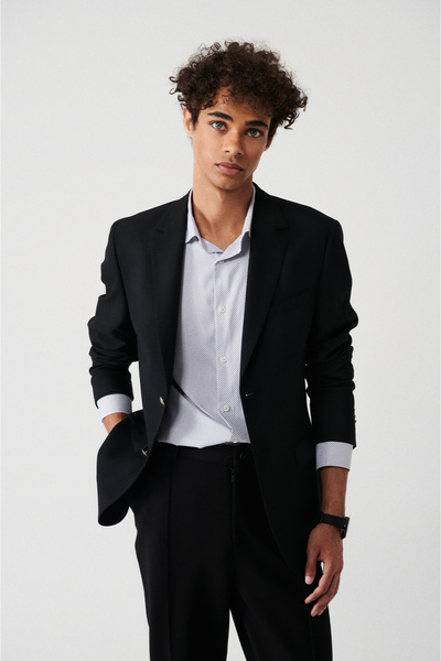Avva Erkek Siyah Kapaklı Cepli Astarlı Çift Yırtmaçlı Yünlü Slim Fit Ceket A3...