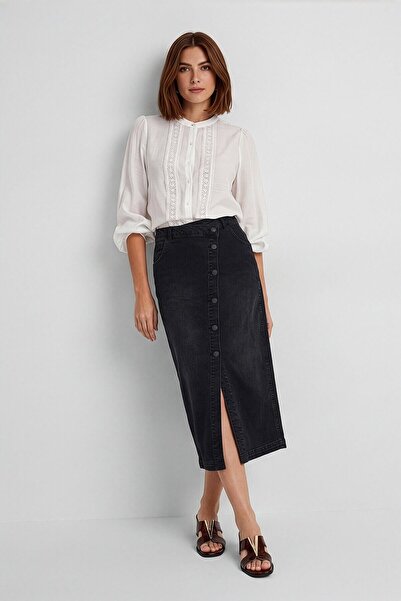 BANNY JEANS Μίντι μήκους Lycra Μαύρη τζιν φούστα με κουμπιά στο μπροστινό μέρος