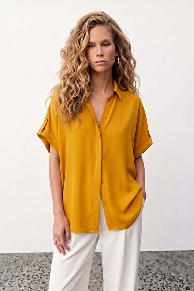 Sateen Casual Shirt with Sleeve Detail - Safran
