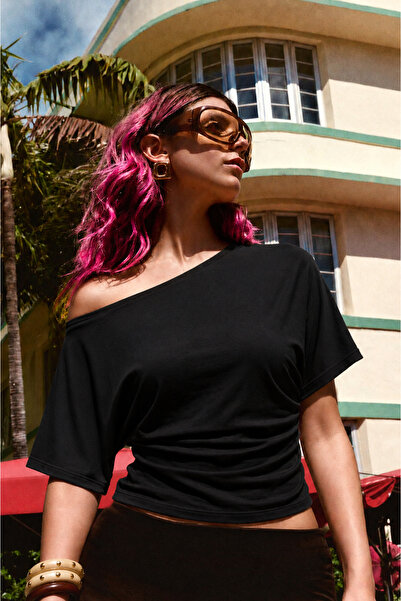 COMBİNE MİCHAİL Women's Bodycon Boat Neck Black Blouse