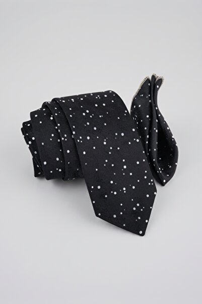 Milleniva Night Patterned Black and White Tie & Handkerchief