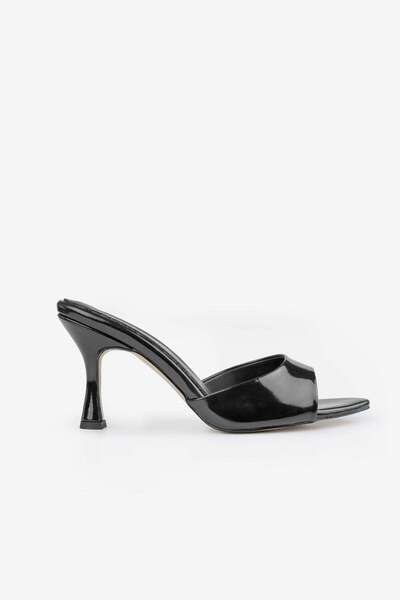 ALTIN TOPUK Women's Black Patent Leather Pointed Toe Heeled Sandals