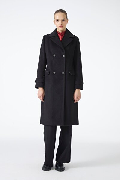 Zühre Double Breasted Collar Long Black Coat 13570