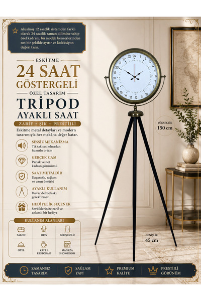 Genel Markalar Eskitme 24 Saat Göstergeli Özel Tasarım Tripod Ayaklı Saat