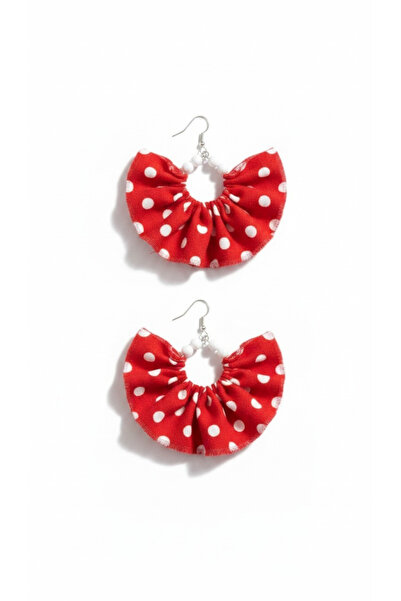 Red White Polka Dot Fabric White Beaded Design Dangle Ring Earrings