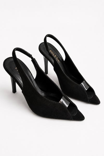 POLKA STORE Womanish Transparent Detailed Toe-Cut Pointed Toe Open Back Suede...