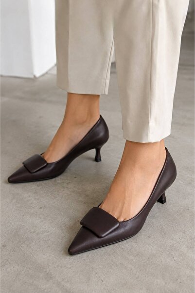 LİVENDİ SHOES Women's Coffee-Colored Pointed Toe Square Buckle Thin Heeled Cl...