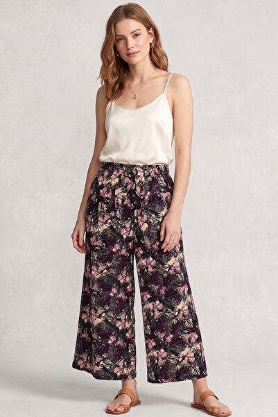 hadiora Women's Pink Beige Abstract Patterned Atlas Wide Leg Pants