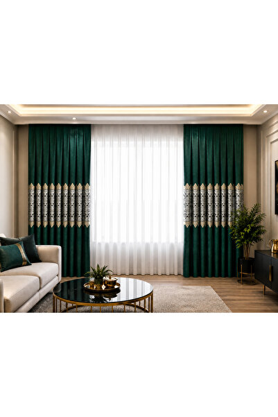 SAYDEMİR HOME Pano Fon Perde Zümrüt Yeşili Damask Çiçek Desenli Fon Perde SIK...