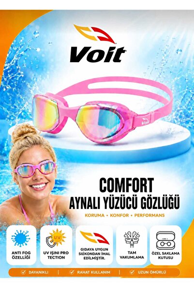 Voit Comfort Pembe Aynalı Yetişkin Yüzücü Gözlüğü Anti-Fog Vakumlu UV Korumal...