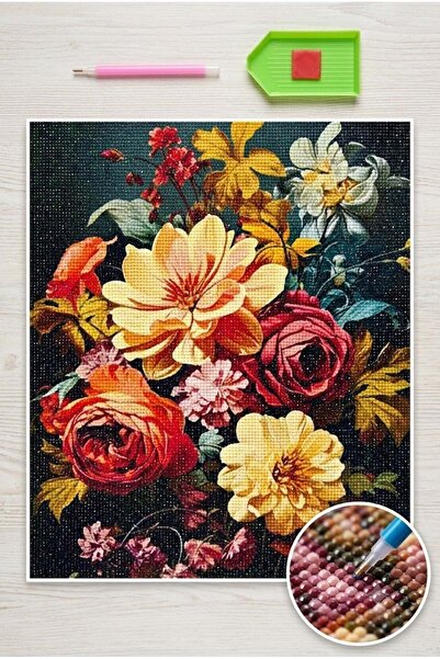 LİVA CRAFT Art & Craft Elmas Mozaik Tablo, 50x40cm Karanlık Çiçekler Boncuk Y...