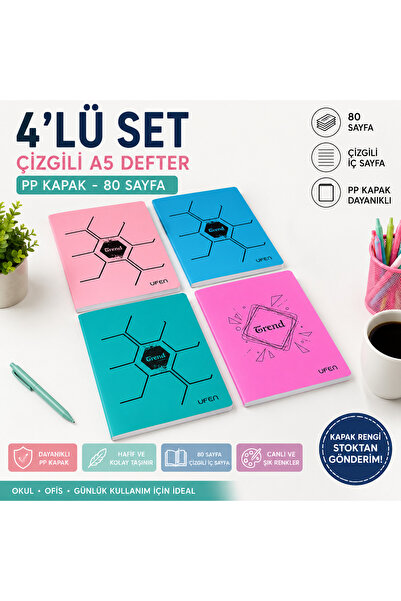 Srctech 4'lü Set 80 Sayfa ÇİZGİLİ A5 Defter Pp Kapak - Kapak Rengi Stoktan Gö...