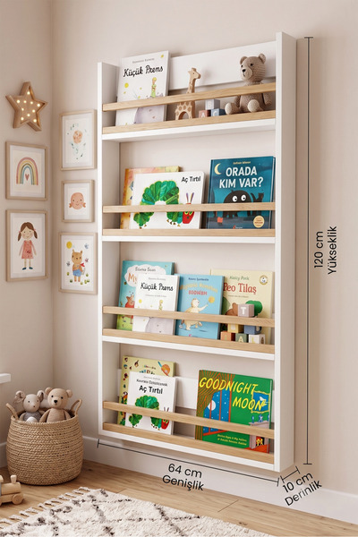 Yurudesign Blom 4 Raflı Montessori Çocuk Odası Kitaplığı Rafı 120x64x10cm Kay...