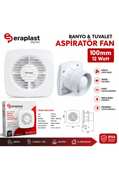 Eraplast Banyo Tuvalet Mutfak Wc Aspiratörü Havalandırma Fanı 100 mm 12 Watt