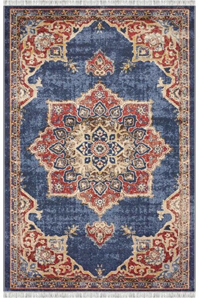 Carpettex Lacivert Klasik Desenli Dijital Baskılı Kaymaz Tabanlı Halı Dijital Baskı Halı 7 mm Kaymaz Taban