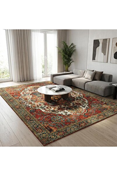 Carpettex Kırmızı Yeşil Salon Halısı Klasik Medallion Dijital Baskılı Kaymaz Tabanlı Halı Dijital Baskı Halı 7