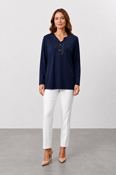 bihan store Women's V-Neck Stone Detailed Long Sleeve Blouse Y26-872 - Navy Blue