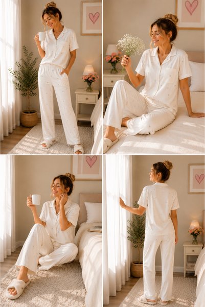 SERPİL Women's Front Buttoned Cotton Pajama Set Short Sleeve Comfortable Home Wear Ecru