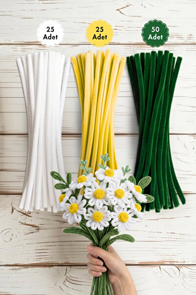 Bimotif 100lü tüylü tel şönil, 30 cm (50 adet Yeşil, 25 adet Sarı, 25 adet Be...
