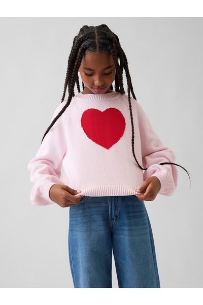 GAP Kız Çocuk Pembe Relaxed Grafik Baskılı Crewneck Kazak