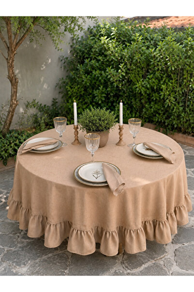 Decamor home Pearl Velvet Textured Vintage Milk Coffee Ruffled Round Tableclo...