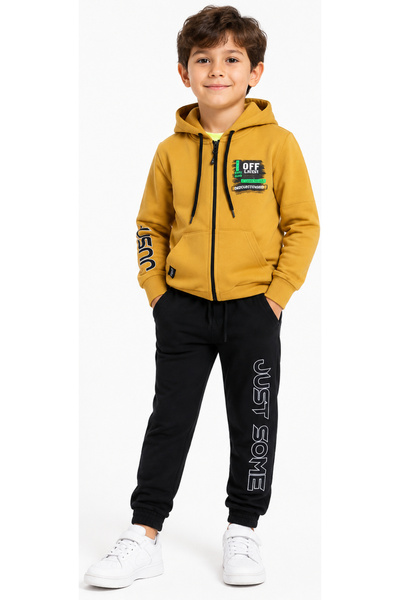 İrem Çocuk Giyim Boy's Offline Text Patterned Zippered Hooded Mustard Tracksu...